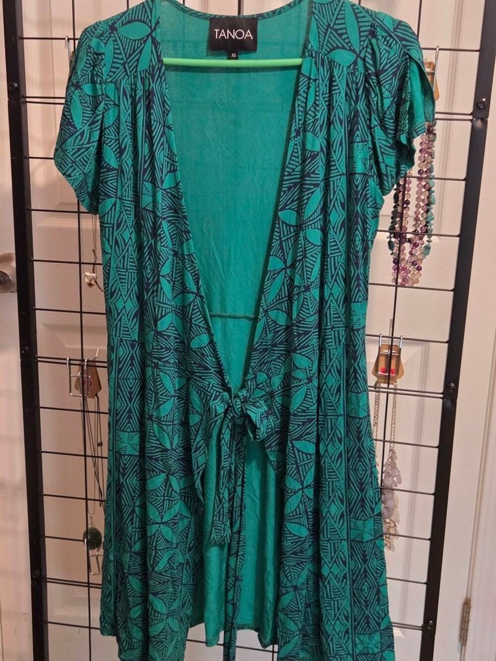 Tanoa Teal Patterned Short Sleeve Dress XS
